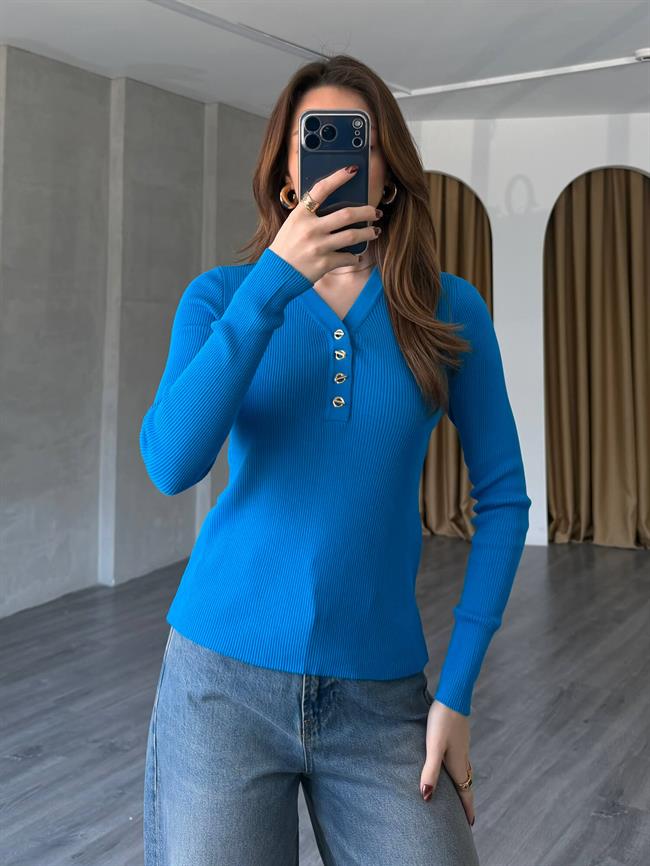 Yakası Düğmeli Fitilli Triko 145104 Mavi