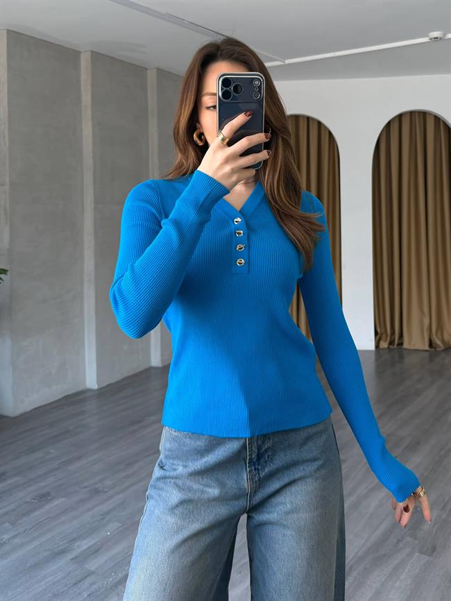 Yakası Düğmeli Fitilli Triko 145104 Mavi