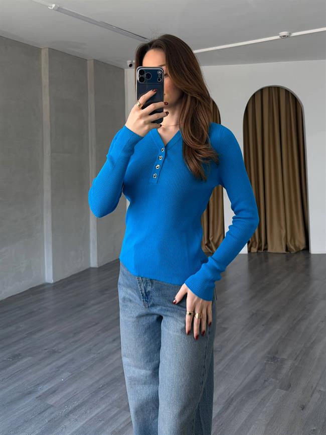 Yakası Düğmeli Fitilli Triko 145104 Mavi