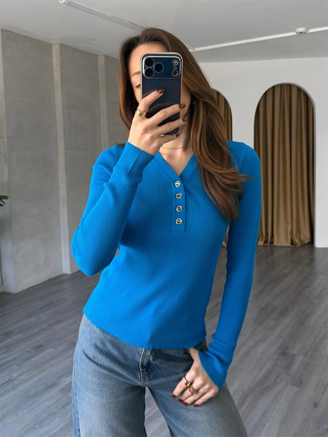 Yakası Düğmeli Fitilli Triko 145104 Mavi
