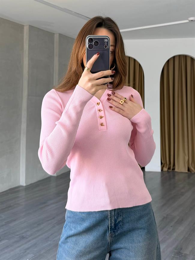 Yakası Düğmeli Fitilli Triko 145104 Pembe