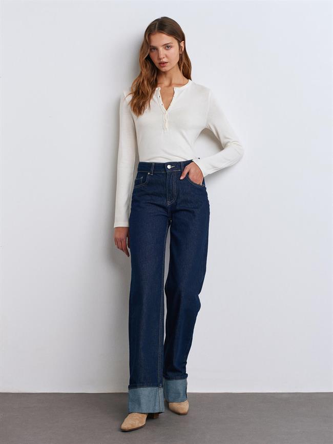 Yakası Düğmeli Uzun Kol Kazak 31544 Ekru