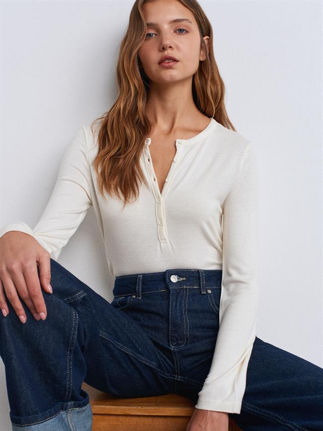 Yakası Düğmeli Uzun Kol Kazak 31544 Ekru