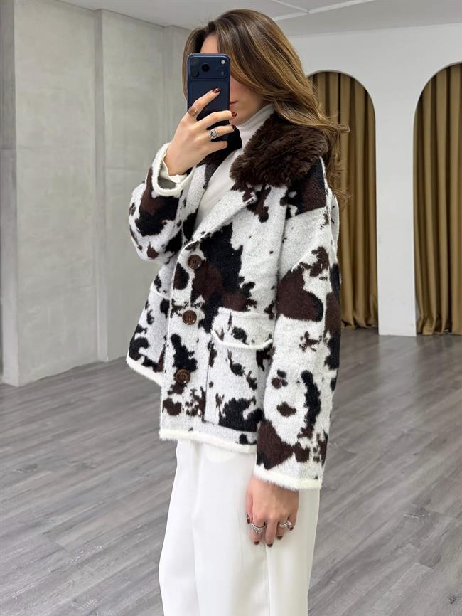 Yakası Kürklü Batik Desenli Hırka 140546 Vanilya