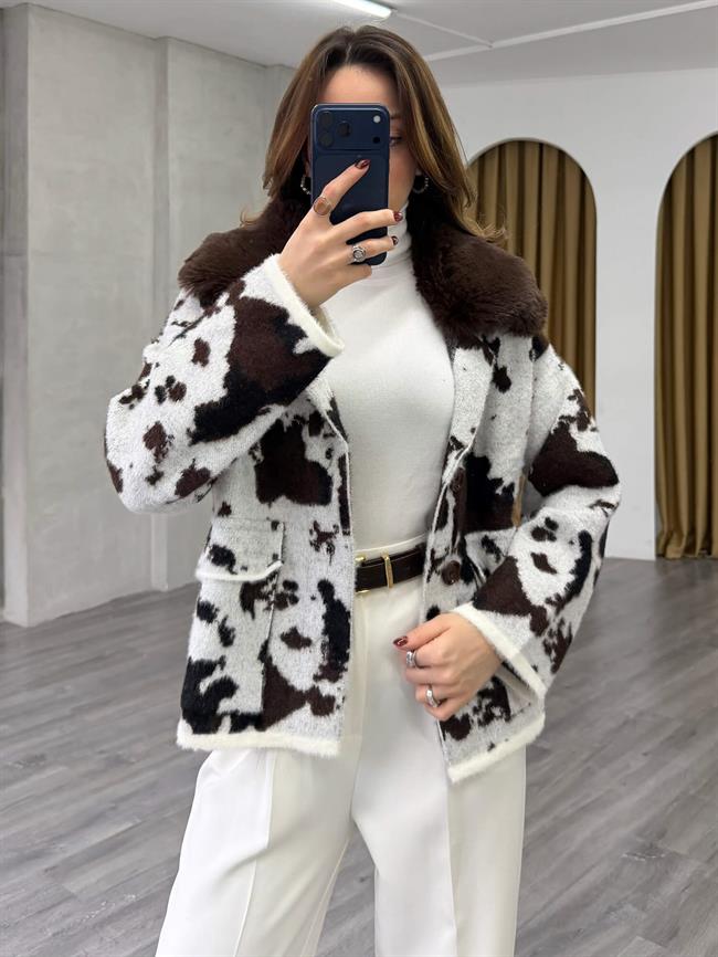 Yakası Kürklü Batik Desenli Hırka 140546 Vanilya