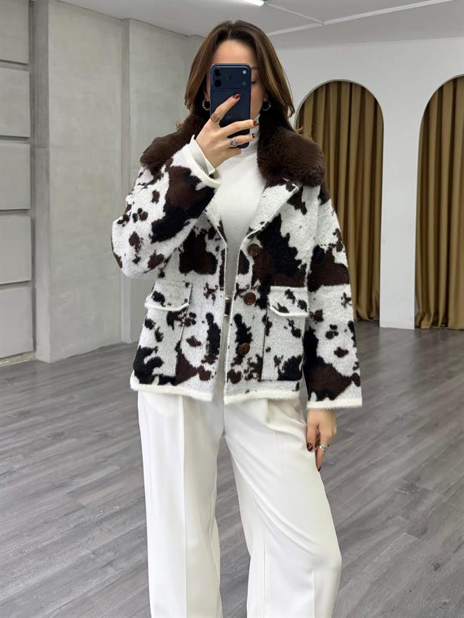 Yakası Kürklü Batik Desenli Hırka 140546 Vanilya