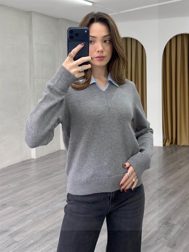 Yakası Renk Detaylı Kazak 7699 Gri