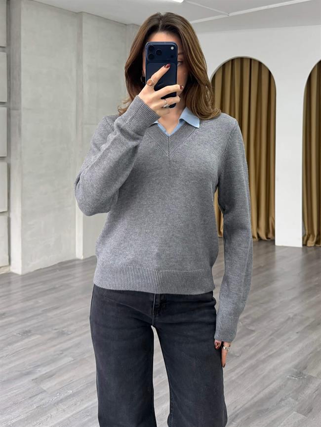 Yakası Renk Detaylı Kazak 7699 Gri