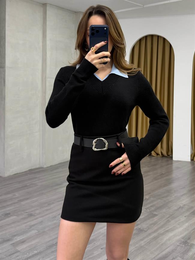 Yakası Renk Detaylı Kazak 7699 Siyah