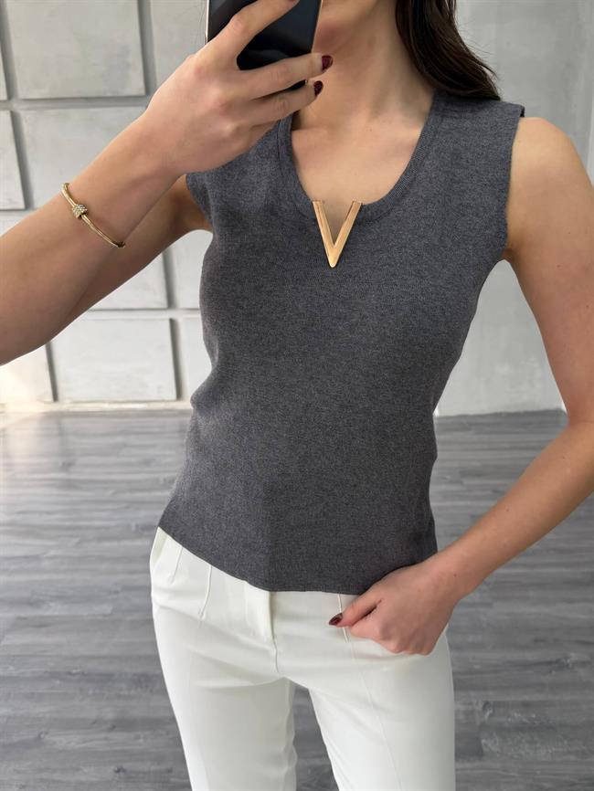 Yakası V Aksesuarlı Süveter 140280 Antrasit