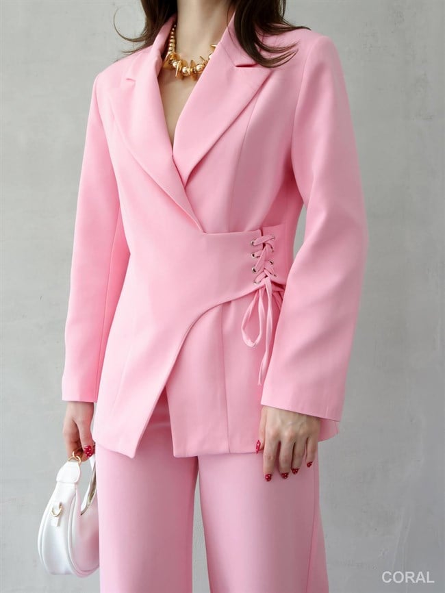 Yandan Bağcıklı Ceket Pantolon Takım 9295 Pembe