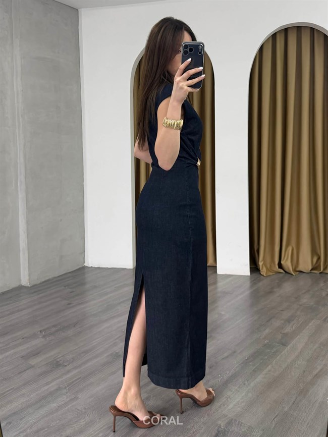 Yandan Büzgü Detaylı Kolsuz Kot Elbise 8192 Lacivert