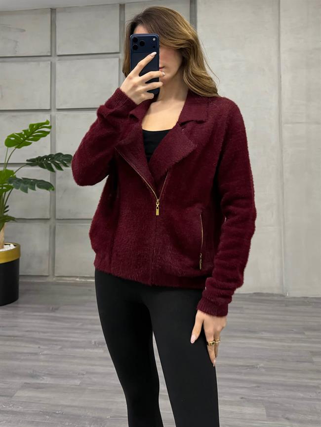 Yandan Fermuarlı Peluş Hırka 7602 Bordo