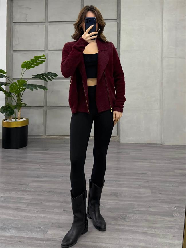 Yandan Fermuarlı Peluş Hırka 7602 Bordo