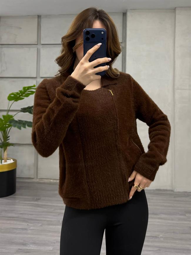 Yandan Fermuarlı Peluş Hırka 7602 Kahve