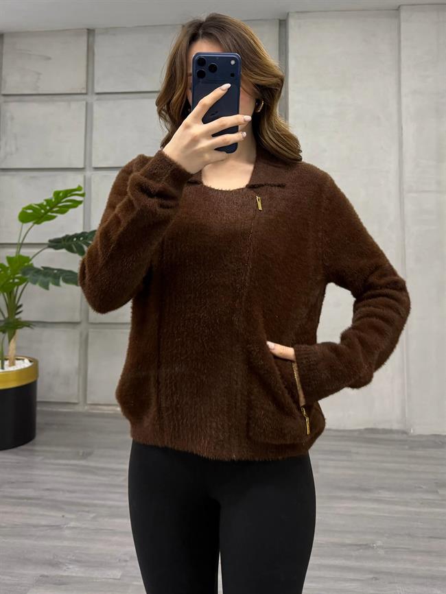 Yandan Fermuarlı Peluş Hırka 7602 Kahve
