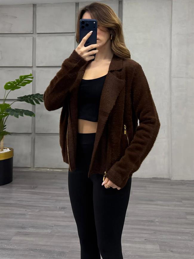 Yandan Fermuarlı Peluş Hırka 7602 Kahve