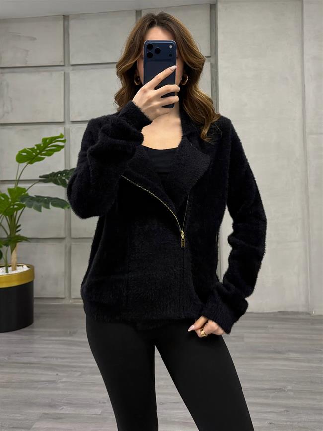 Yandan Fermuarlı Peluş Hırka 7602 Siyah