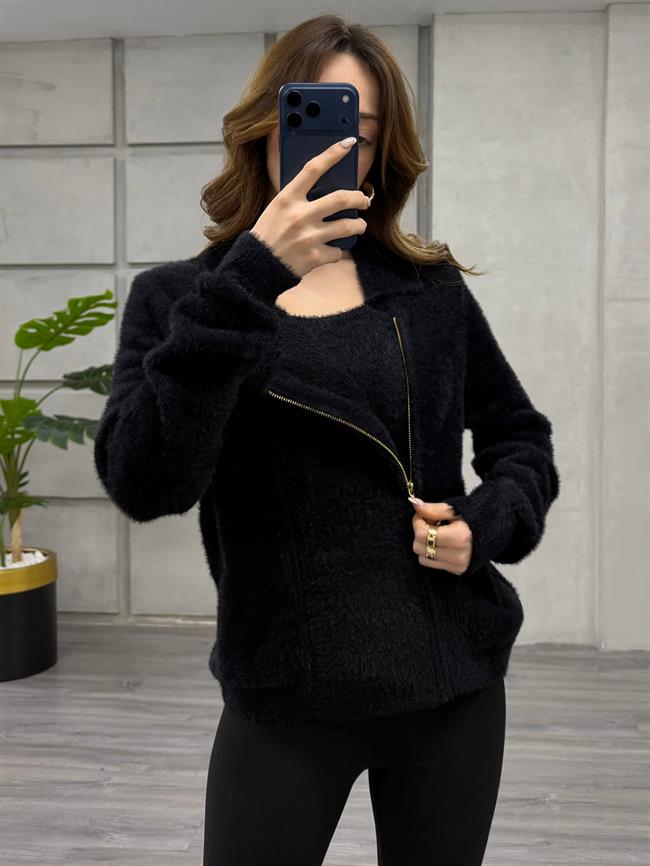 Yandan Fermuarlı Peluş Hırka 7602 Siyah