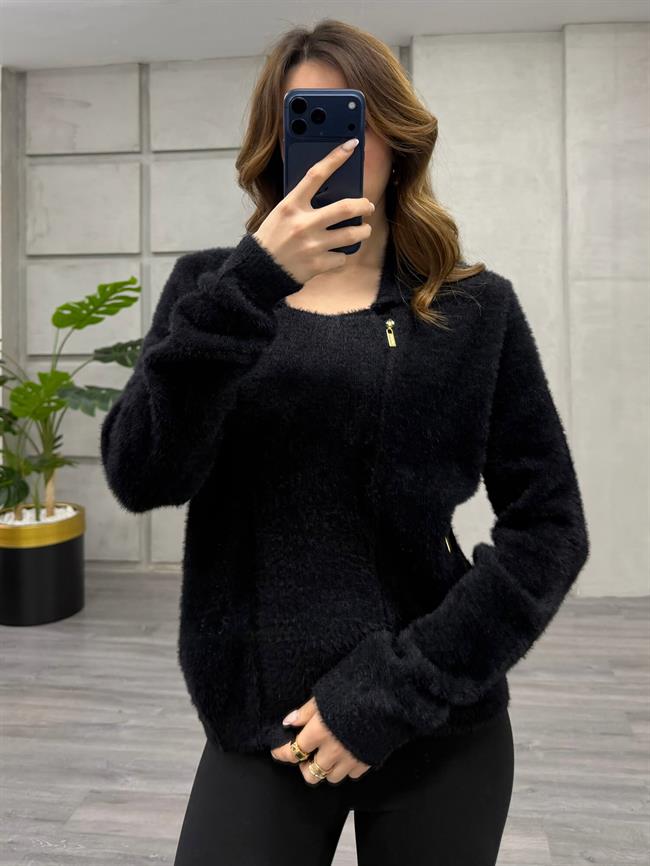 Yandan Fermuarlı Peluş Hırka 7602 Siyah