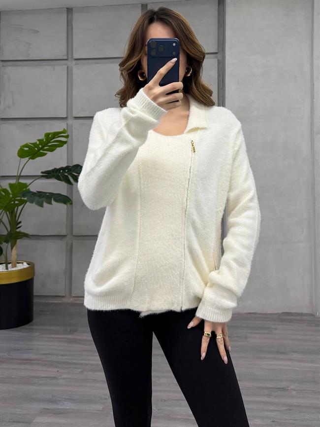 Yandan Fermuarlı Peluş Hırka 7602 Vanilya
