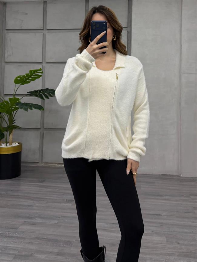 Yandan Fermuarlı Peluş Hırka 7602 Vanilya