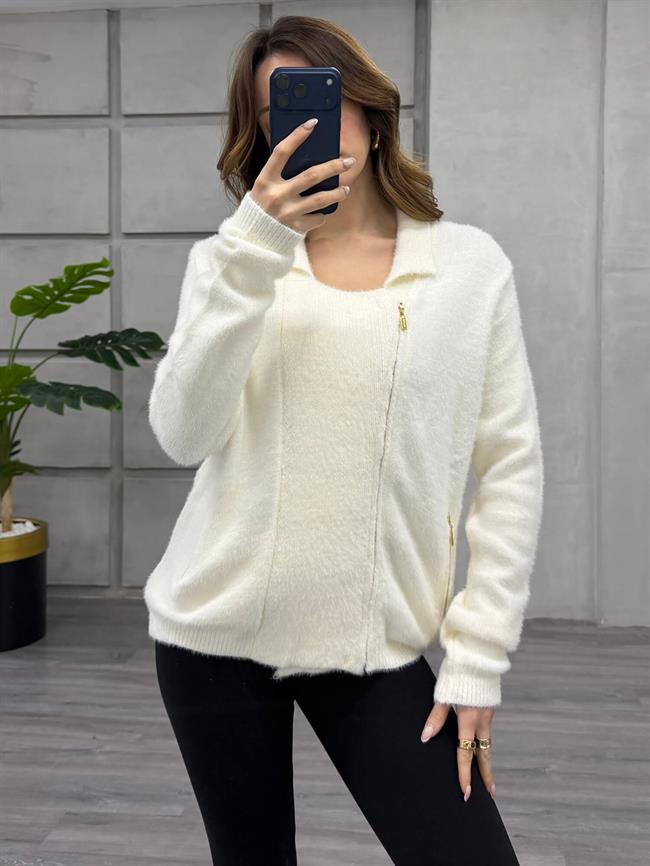 Yandan Fermuarlı Peluş Hırka 7602 Vanilya
