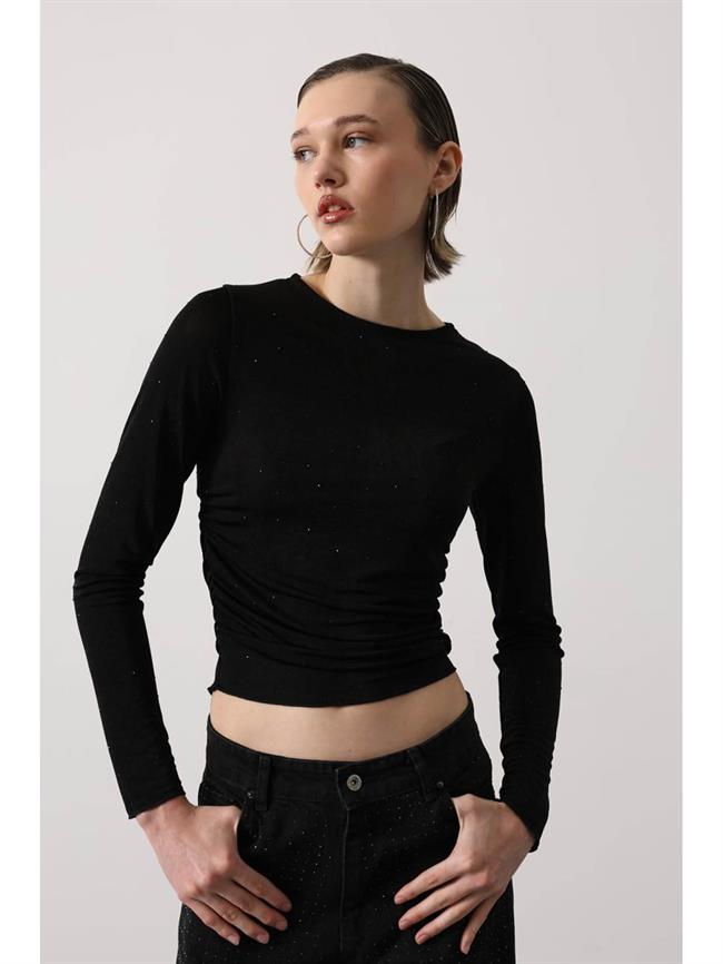Yanı Büzgülü Mini Taşlı Bluz 31344 Siyah