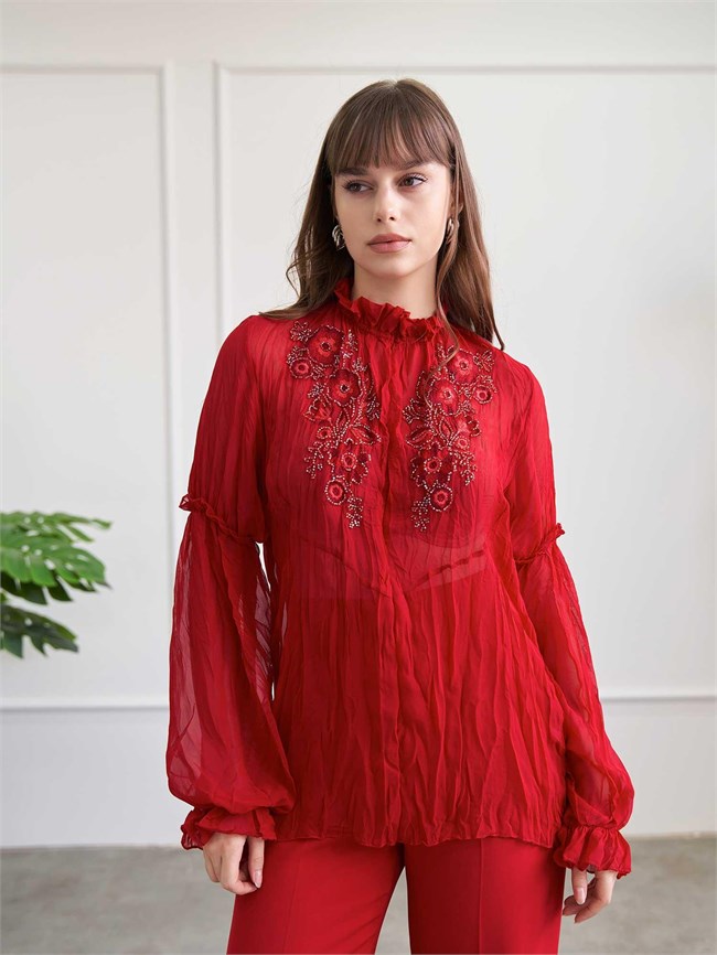 Yarım Fermuarlı Nakışlı Şifon Bluz 072021 Kırmızı