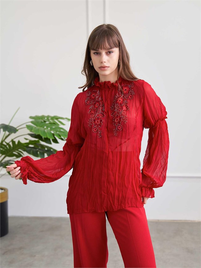 Yarım Fermuarlı Nakışlı Şifon Bluz 072021 Kırmızı