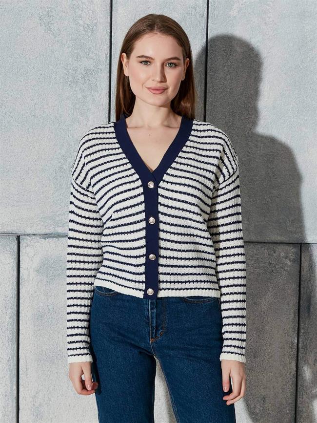 Yatay Çizgili Hırka Kemik - Lacivert