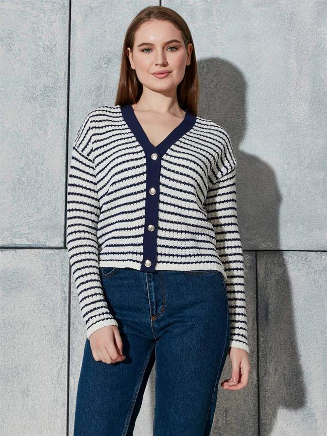 Yatay Çizgili Hırka Kemik - Lacivert