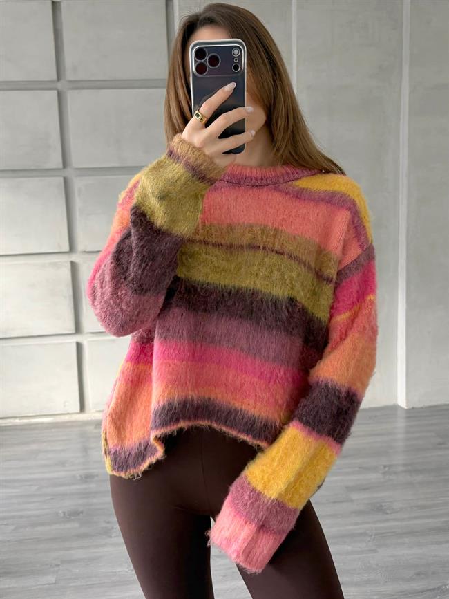 Yatay Renkli Çizgili Kazak 3162 Fuşya - Sarı