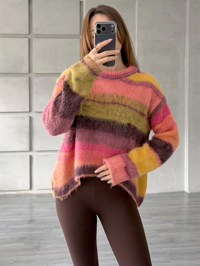 Yatay Renkli Çizgili Kazak 3162 Fuşya - Sarı