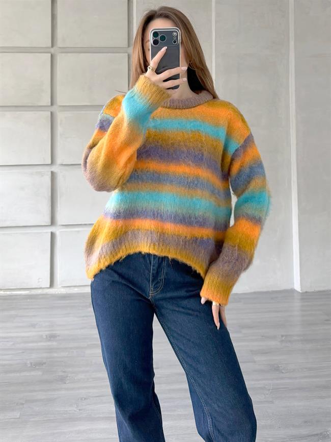 Yatay Renkli Çizgili Kazak 3162 Hardal - Mor