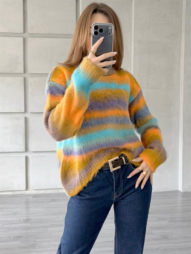 Yatay Renkli Çizgili Kazak 3162 Hardal - Mor