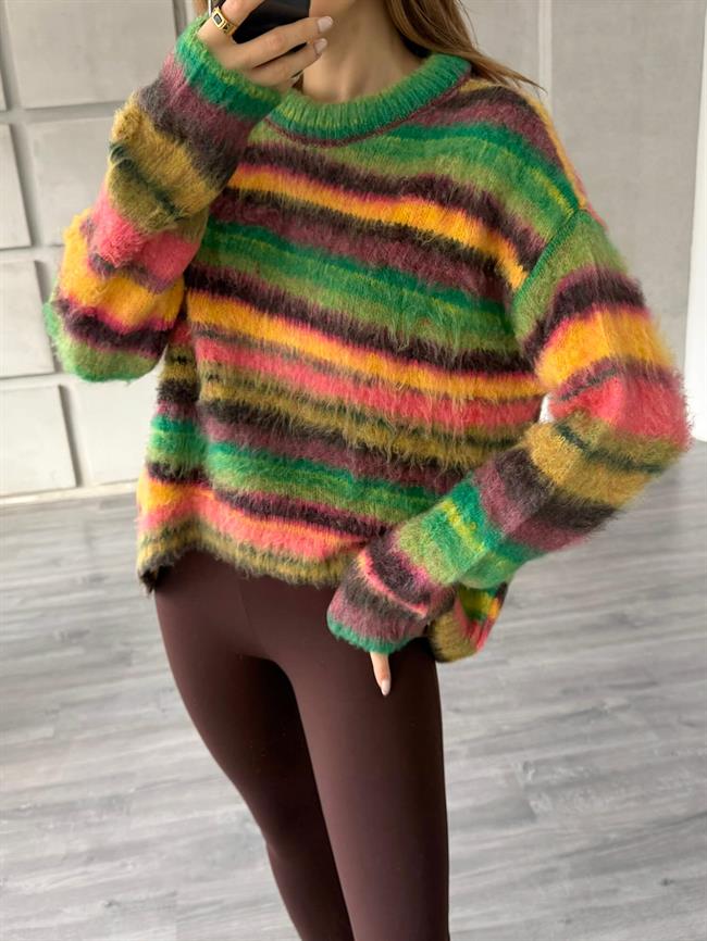 Yatay Renkli Çizgili Kazak 3162 Yeşil - Sarı