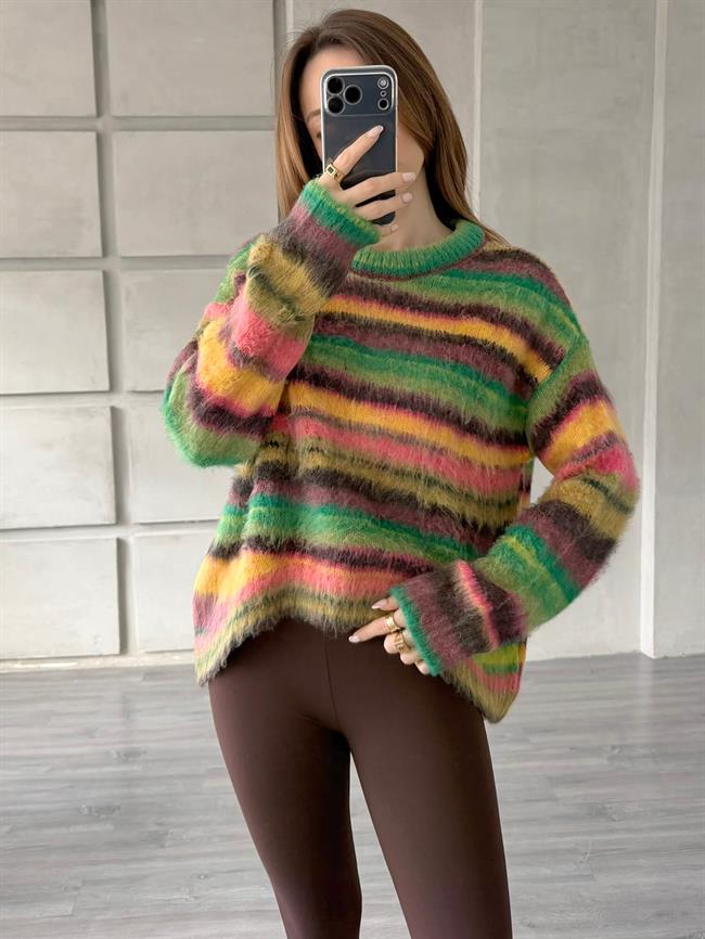 Yatay Renkli Çizgili Kazak 3162 Yeşil - Sarı