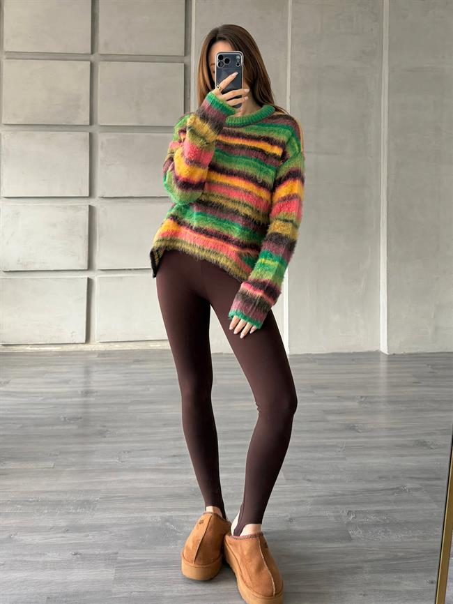 Yatay Renkli Çizgili Kazak 3162 Yeşil - Sarı