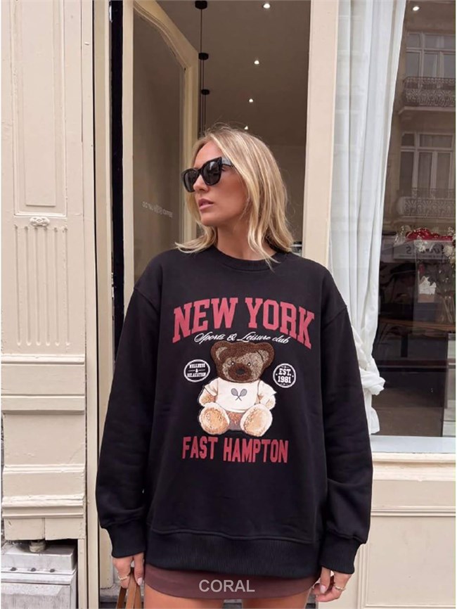 Yazılı Ayıcık Baskılı Sweatshirt 5904 Siyah