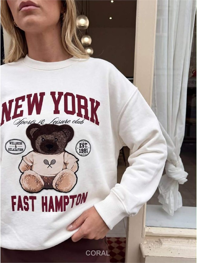 Yazılı Ayıcık Baskılı Sweatshirt 5904 Beyaz