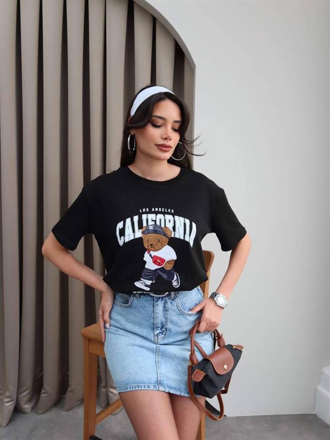 Yazılı Ayıcık Baskılı Tişört 10295 Siyah