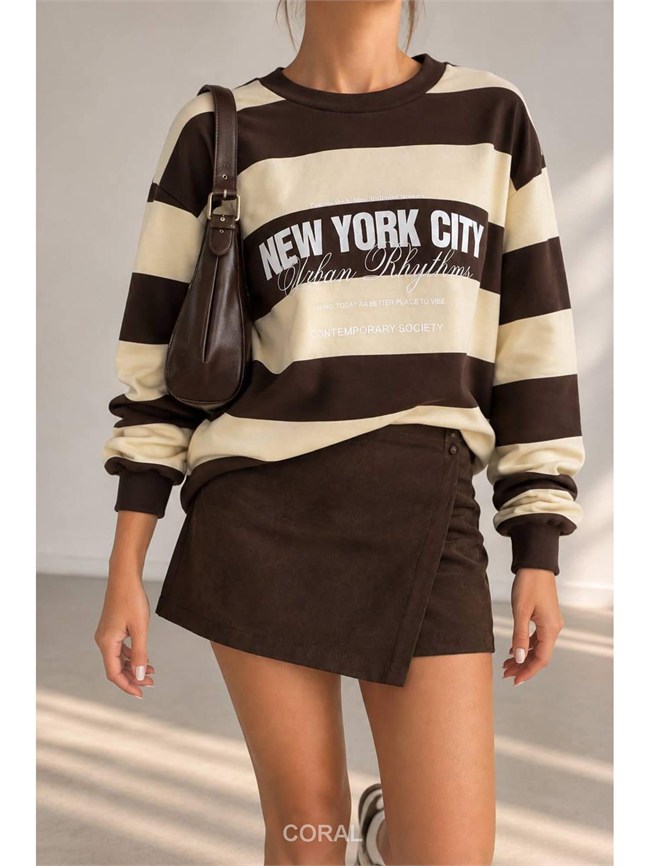 Yazılı Kalın Çizgili Sweatshirt 1132 Sarı