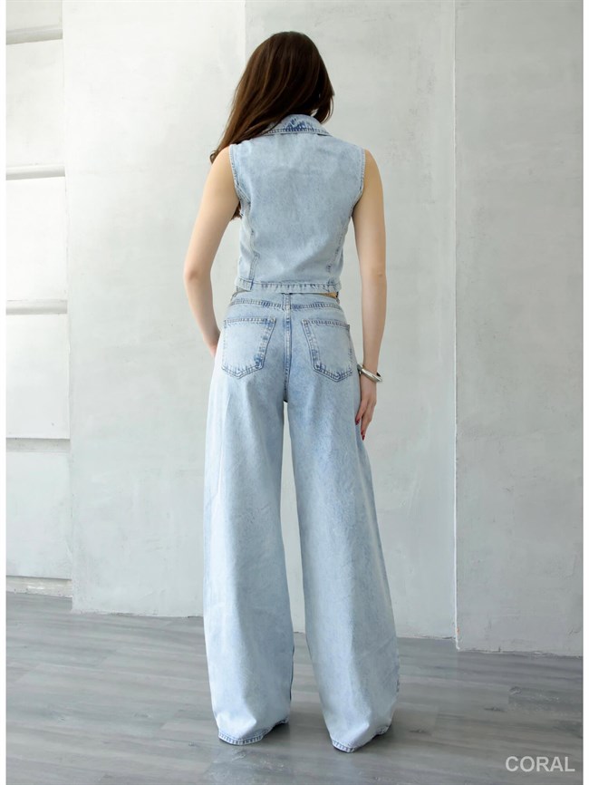 Yelekli Baggy Pantolonlu Kot Takım 8229 Açık Mavı