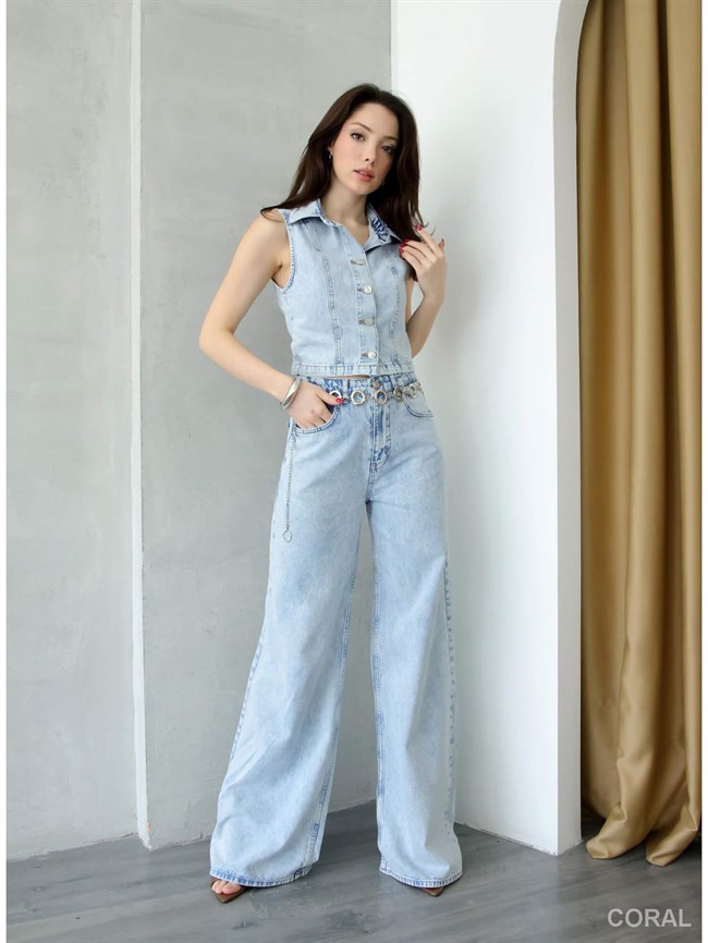 Yelekli Baggy Pantolonlu Kot Takım 8229 Açık Mavı