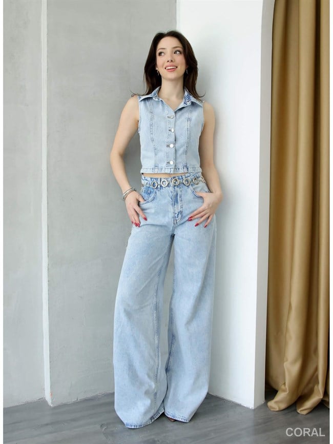 Yelekli Baggy Pantolonlu Kot Takım 8229 Açık Mavı