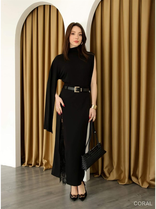 Yırtmacı Dantelli Uzun Etek DE261017 Siyah