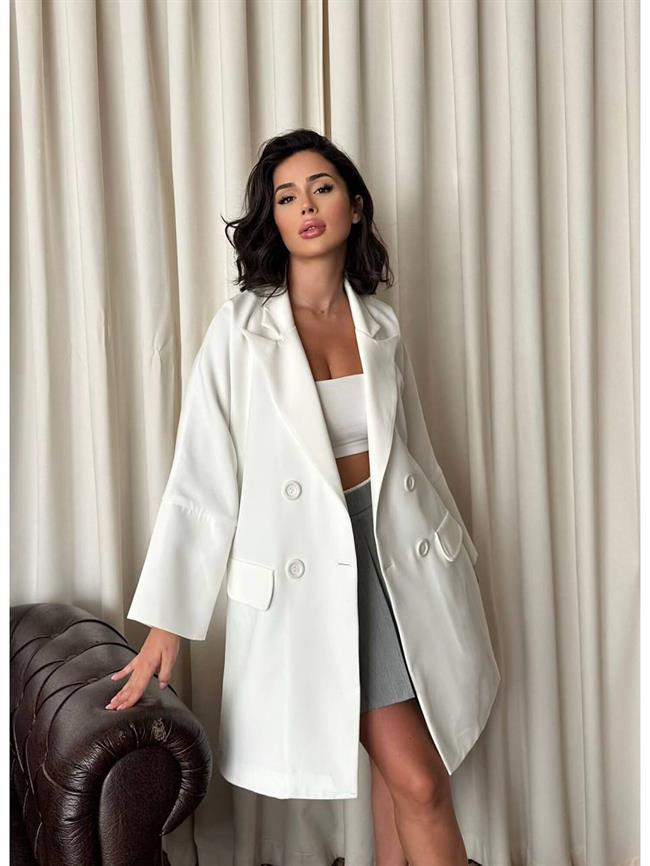 Yırtmaçlı Uzun Ceket 3003 Beyaz