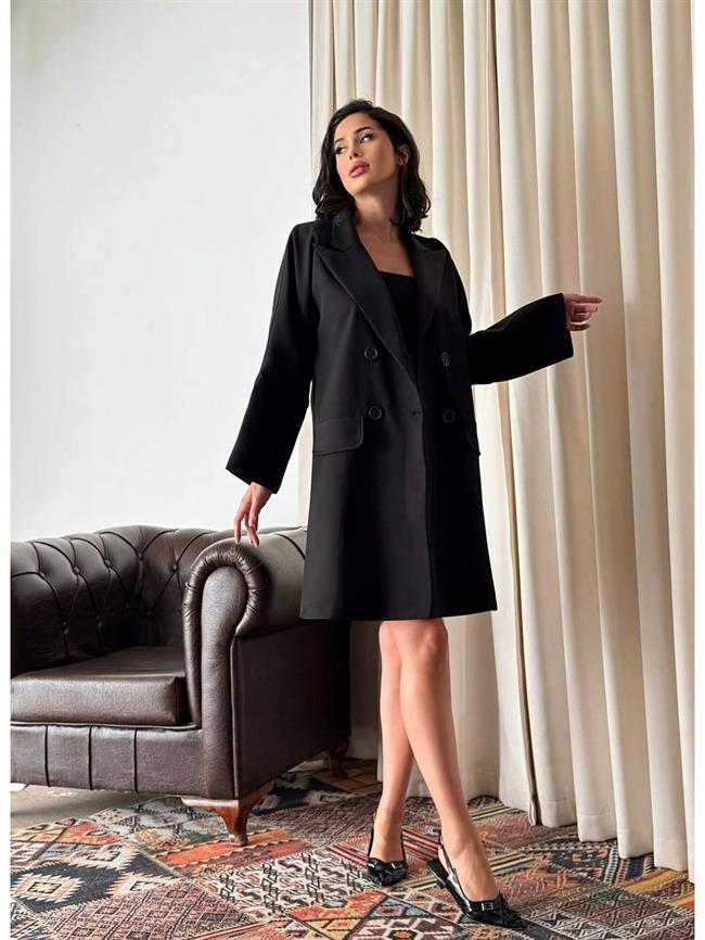 Yırtmaçlı Uzun Ceket 3003 Siyah