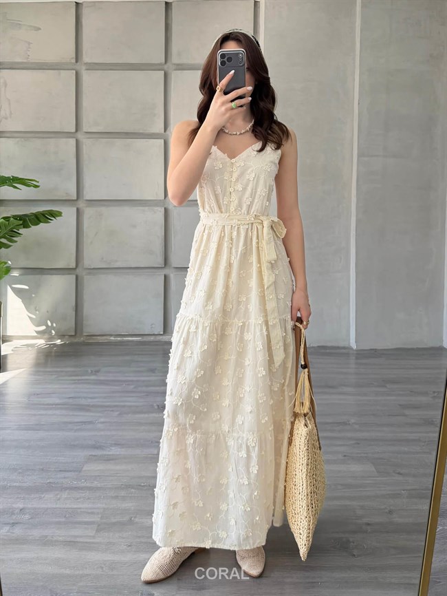 Yonca Nakışlı Düğmeli Elbise 39669 Naturel